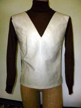 $5 sale! Men's 60s Space Age Vinyl Front Sweater Brown White  SM 