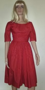 Red Dress Vintage 50s Cocktail Style Mad Men -Ruched Waist Petite -X SM Child Moire Fabric