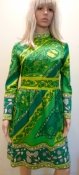 1960s Day Dress Green Border Print "Butter Knit" Long Sleeve Poly