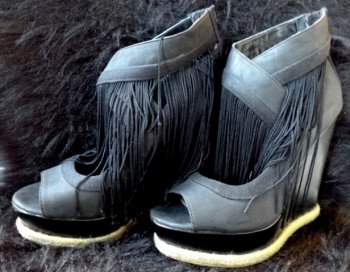Black Fringe Burlesque High Heel Shoes - Wedges Size 6 USA Womens