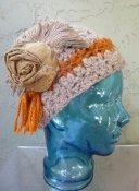 Crochet Hat Rust Colored with Tan - Repurposed Fabrics - Upcycled - Hand Made 